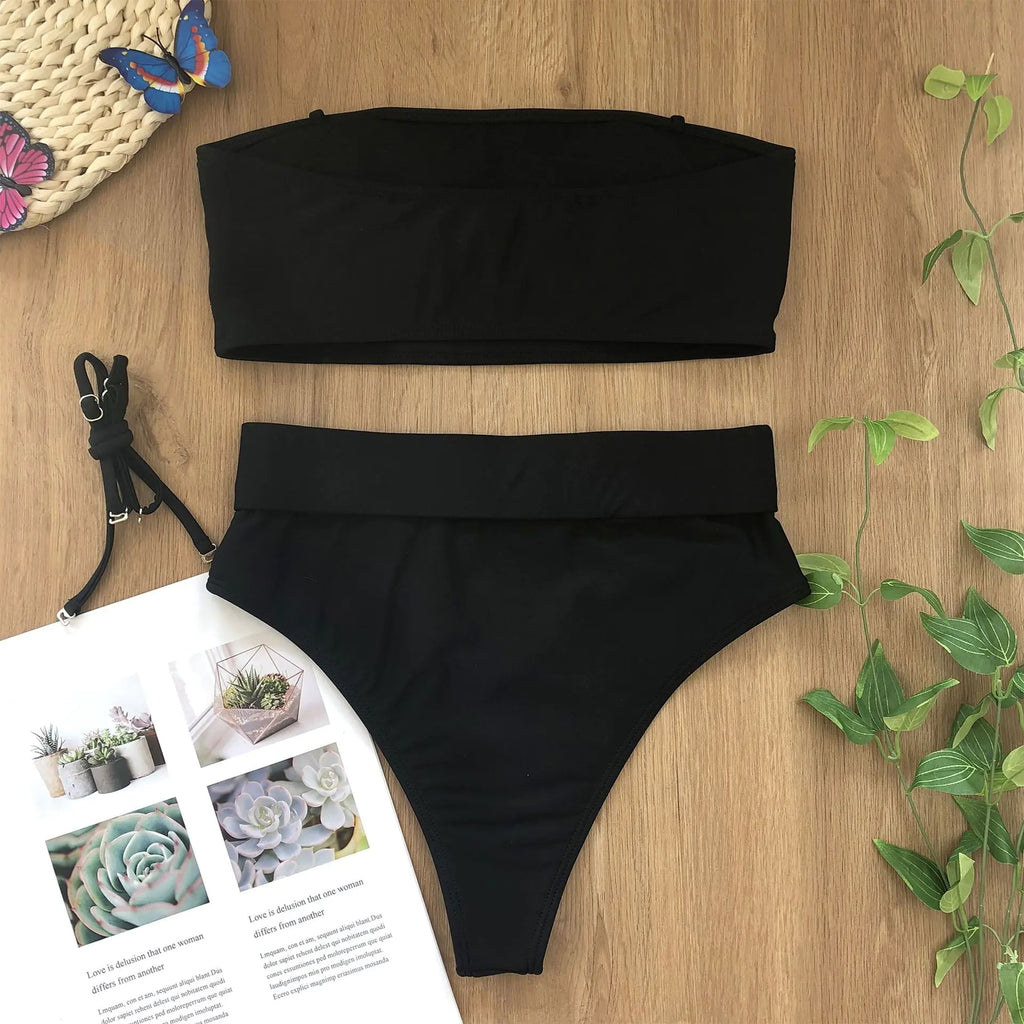 Chic Metal Buckle Strapless Bikini Swimsuit for Women