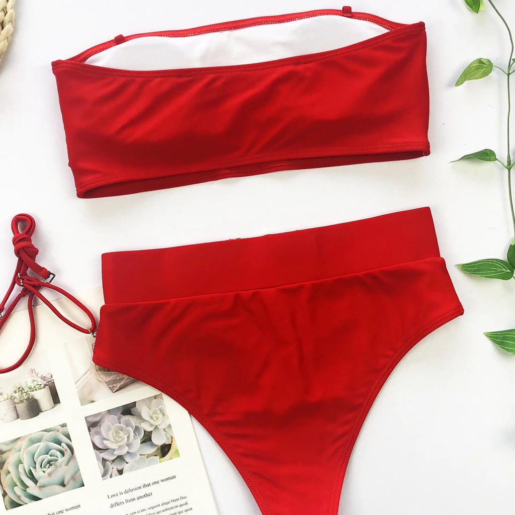 Chic Metal Buckle Strapless Bikini Swimsuit for Women